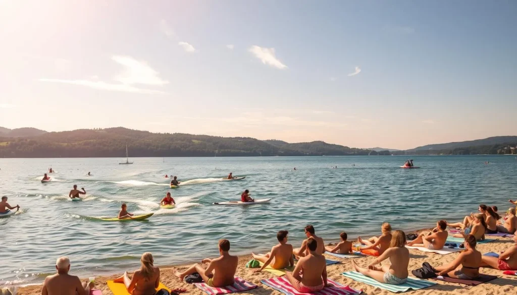 A vibrant summer day at Lake Milada, Czechia. In the foreground, people engage in thrilling water sports - kayaking, stand-up paddleboarding, and jet skiing across the serene, azure waters. The middle ground features a bustling beach area with sunbathers lounging on colorful towels, sipping refreshing drinks. The background showcases the picturesque lakeside landscape, with rolling hills, lush forests, and the occasional sailboat gliding across the horizon. Warm, golden sunlight filters through wispy clouds, creating a pleasant, inviting atmosphere. Capture the essence of an idyllic, activity-filled day at this stunning natural wonder.