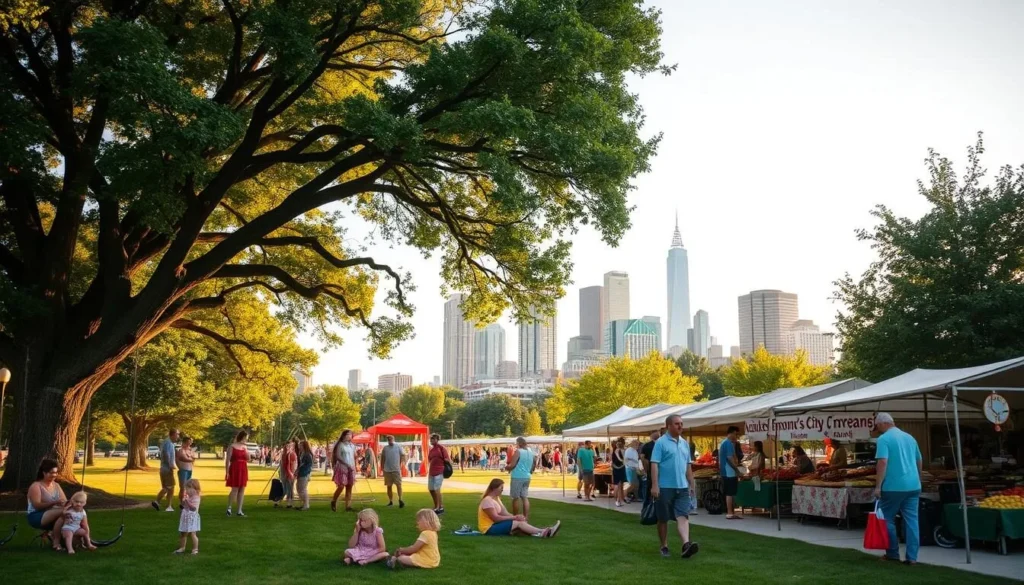 A vibrant summer day in Kansas City, Missouri. In the foreground, families gather at a local park, children laughing as they play on swings and slides, while parents picnic under the shade of towering oak trees. In the middle ground, a bustling farmer's market, vendors offering fresh produce, artisanal baked goods, and handcrafted wares. In the background, the iconic skyline of downtown Kansas City, skyscrapers glistening in the warm afternoon sun. The scene is bathed in a golden glow, the air filled with the lively hum of summertime activities. A serene, inviting atmosphere, capturing the essence of a Kansas City summer.