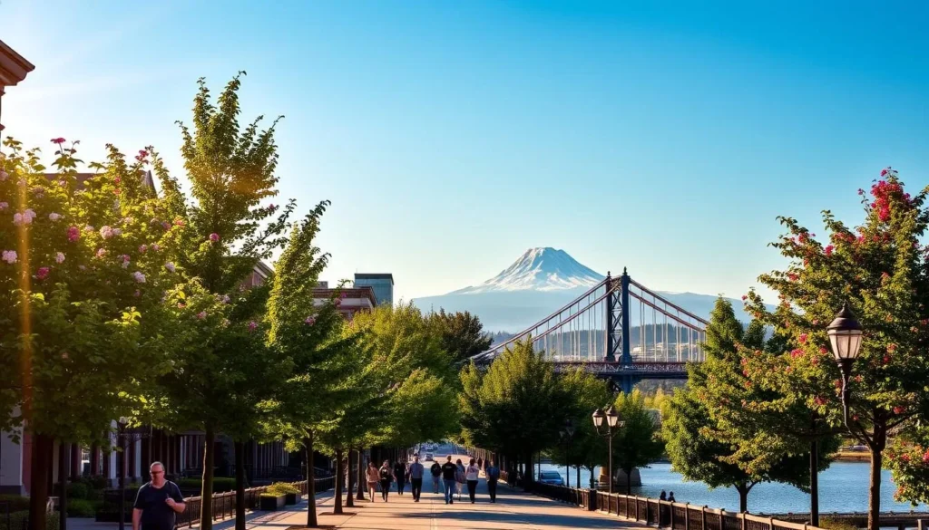 A vibrant summer day in Portland, Oregon, with a clear blue sky and the majestic Mount Hood looming in the distance. Lush greenery and blooming flowers adorn the cityscape, while a gentle breeze rustles the trees. Pedestrians stroll along the sidewalks, enjoying the mild temperatures and the picturesque views of the Willamette River and the iconic Hawthorne Bridge. The scene is illuminated by warm, golden sunlight, casting a serene and inviting atmosphere over the city.