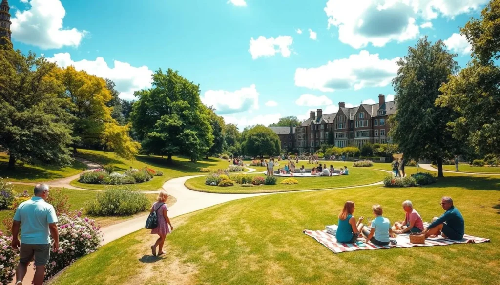 A vibrant summer day in the London Borough of Lewisham, England. A scenic park with lush greenery, blooming flowers, and winding paths invites visitors to explore. In the foreground, a family strolls leisurely, enjoying the warm sunshine. In the middle ground, a group of friends gather on a picnic blanket, indulging in local delicacies. The background features the charming architecture of historic buildings, complemented by the clear blue sky and fluffy clouds. The scene is captured through a wide-angle lens, conveying a sense of tranquility and adventure, perfect for a day trip itinerary in Lewisham.