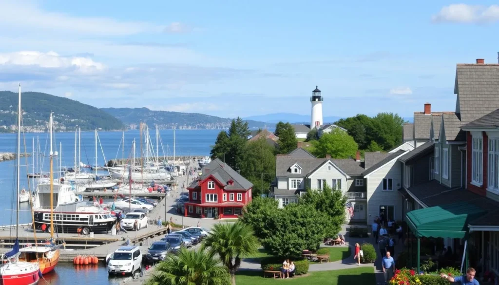 A vibrant summer day in the charming coastal town of Arendal, Norway. The picturesque harbor bustles with sailboats and fishing vessels, their reflections dancing on the calm waters. In the foreground, a quaint promenade lined with colorful wooden buildings, inviting visitors to explore the local shops and cafes. Stroll through the lush, verdant parks, where families gather to enjoy the sunshine and take in the stunning views of the surrounding fjords. In the distance, the iconic Torungen Lighthouse stands tall, guiding ships safely to shore. The air is crisp and refreshing, complemented by the salty sea breeze, creating an idyllic atmosphere for discovering the charming Southern gem of Norway.