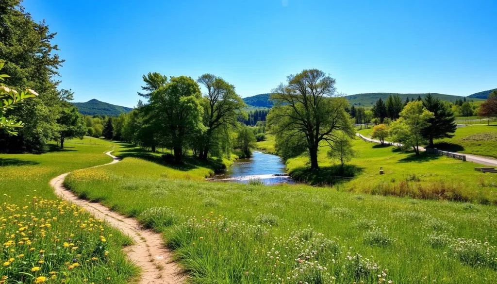 A vibrant summer landscape at White Clay Creek State Park, Delaware. In the foreground, lush green meadows dotted with wildflowers sway gently in the breeze. A winding trail leads visitors through the serene natural setting. In the middle ground, the creek itself flows peacefully, its waters reflecting the blue sky above. Tall deciduous trees line the banks, their verdant canopies providing dappled shade. In the background, rolling hills rise up, creating a picturesque vista. Warm sunshine filters through the leaves, casting a golden glow over the entire scene. The overall mood is one of tranquility and natural beauty, inviting visitors to explore the park's seasonal delights.