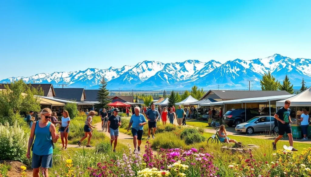 A vibrant summer scene in Grande Prairie, Alberta. In the foreground, people enjoy outdoor activities like hiking, biking, and picnicking amidst lush greenery and wildflowers. The middle ground features a bustling local market, with vendors selling fresh produce and handcrafted goods. In the background, majestic snow-capped mountains provide a stunning natural backdrop, bathed in warm, golden sunlight. The atmosphere is one of joyful celebration, with families and friends gathered to embrace the best of what this beautiful Canadian city has to offer during the summer months.