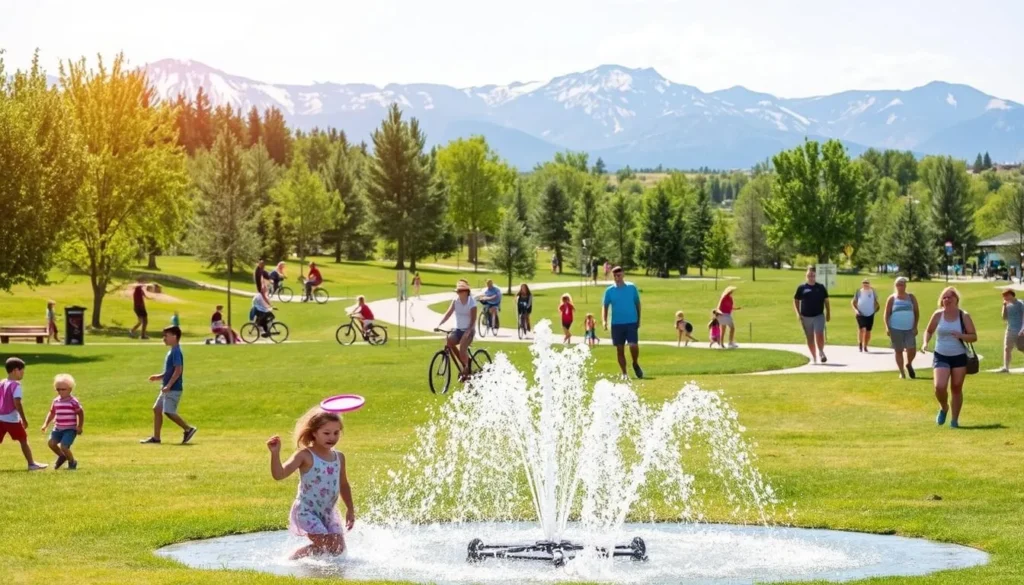 A vibrant summer scene in Thornton, Colorado. A sun-dappled park filled with families enjoying various outdoor activities. In the foreground, children frolic on a lush green lawn, splashing in a sparkling fountain. Nearby, teenagers toss a Frisbee, their laughter echoing through the air. In the middle ground, young adults cycle along a winding path, while seniors stroll leisurely, taking in the sights. In the background, towering mountains rise, their snow-capped peaks glimmering under the golden afternoon light. The scene exudes a sense of joyful, community-driven energy, capturing the essence of summer in Thornton. A vibrant summer scene in Thornton, Colorado. A sun-dappled park filled with families enjoying various outdoor activities. In the foreground, children frolic on a lush green lawn, splashing in a sparkling fountain. Nearby, teenagers toss a Frisbee, their laughter echoing through the air. In the middle ground, young adults cycle along a winding path, while seniors stroll leisurely, taking in the sights. In the background, towering mountains rise, their snow-capped peaks glimmering under the golden afternoon light. The scene exudes a sense of joyful, community-driven energy, capturing the essence of summer in Thornton.