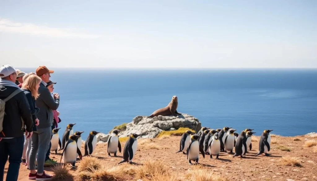 A vibrant summer scene in the Falkland Islands: a group of tourists quietly observing a colony of Magellanic penguins waddling across a rugged, windswept coastal landscape. The sun's warm glow illuminates the penguins' black-and-white plumage as they move in synchronized formations, captivating the onlookers. In the middle ground, a small rocky outcrop provides a natural perch for curious sea lions, their sleek bodies basking in the gentle breeze. The background is a panoramic vista of the South Atlantic Ocean, its deep blue waters meeting the horizon under a cloudless, azure sky. The scene conveys a sense of tranquility and wonder, perfectly encapsulating the unique wildlife experiences that the Falkland Islands offer during the summer season.