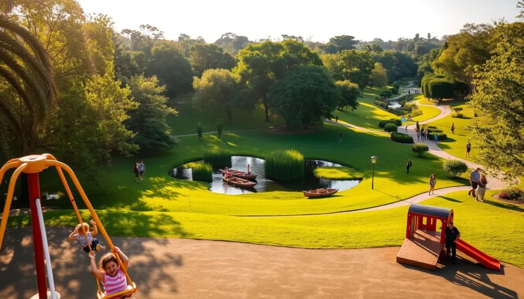 A vibrant, sun-dappled scene in the lush Campinas Park, showcasing an array of family-friendly attractions. In the foreground, a bustling playground with gleeful children swinging on colorful swings and sliding down a towering slide. In the middle ground, a serene pond surrounded by verdant trees, where families row delicate wooden boats. In the background, a scenic trail winds through the verdant landscape, dotted with families strolling hand-in-hand, taking in the peaceful ambiance. Soft, warm lighting casts a golden glow, creating an inviting and tranquil atmosphere perfect for a day of family fun.
