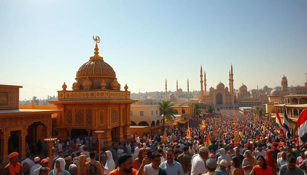 A vibrant, sun-dappled scene of a bustling Egyptian religious festival. In the foreground, colorfully dressed devotees gather around a grand, ornate temple, its intricate architecture bathed in warm, golden light. Intricate patterns and symbols adorn the walls, creating an atmosphere of reverence and spirituality. In the middle ground, a lively parade winds through the streets, with participants carrying ornate banners, playing traditional instruments, and dancing joyfully. In the background, the skyline of a historic Egyptian city rises, its towering minarets and domes silhouetted against a clear, azure sky. The overall impression is one of rich cultural heritage, deep-rooted faith, and the vibrant energy of a nation celebrating its most cherished religious festivals.