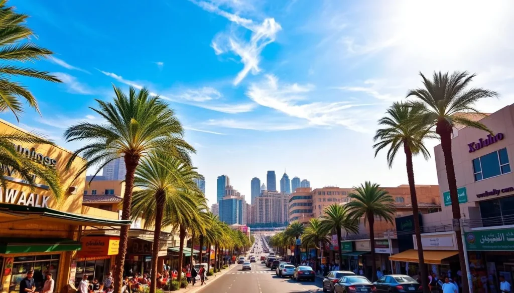 A vibrant, sun-drenched cityscape of Hawally district, Kuwait. In the foreground, bustling streets lined with colorful shops, cafes, and pedestrians going about their daily lives. In the middle ground, modern high-rise buildings interspersed with lush palm trees, casting warm shadows. In the background, a clear blue sky with wispy clouds, the horizon dotted with distinctive Kuwaiti architecture. The scene radiates an energetic, cosmopolitan atmosphere, inviting the viewer to explore the district's rich culture and diverse offerings.
