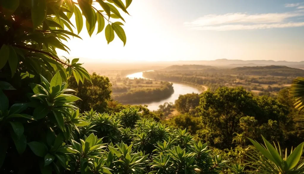 A vibrant, sun-drenched landscape in Uruguay, showcasing the nation's characteristic humidity levels. In the foreground, lush, verdant foliage glistens with beads of moisture, creating a sense of warmth and tropical atmosphere. The middle ground features a gently winding river, its surface reflecting the hazy, golden light of the midday sun. In the distance, rolling hills and a cloudless azure sky complete the serene, picturesque scene, conveying the comfortable, mild climate that Uruguay is known for. Capture this scene with a wide-angle lens, using soft, diffused lighting to accentuate the humid, balmy ambiance.