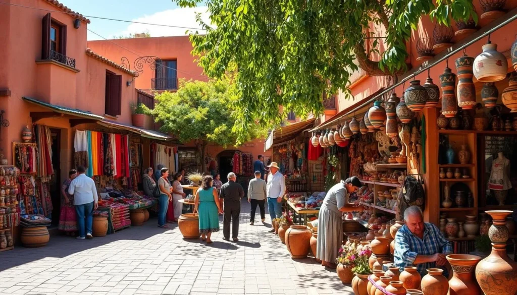 A vibrant, sun-drenched marketplace nestled in the charming San Blas neighborhood of Cusco, Peru. Rows of artisan shops display a dazzling array of handcrafted wares - colorful textiles, intricate carvings, and gleaming pottery. Artisans in traditional dress work diligently at their crafts, surrounded by the lively chatter of locals and curious tourists. The warm, earthy tones of adobe buildings form the backdrop, while the cobblestone streets and lush greenery create a picturesque, bohemian ambiance. Capture the essence of this vibrant, creative hub in a crisp, high-resolution image with a natural, photographic style.