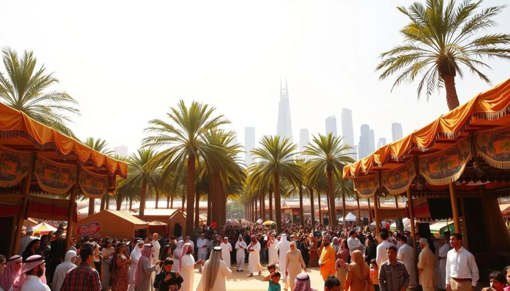 A vibrant, sun-drenched scene of Riyadh's bustling cultural events. In the foreground, a lively crowd gathers around a central stage, watching performers clad in traditional Saudi garb dance and play music. Intricate handcrafted decorations and colorful banners adorn the surrounding pavilions. In the middle ground, towering palm trees sway gently, casting dappled shadows on the celebration below. The iconic skyline of Riyadh's modern architecture rises in the distant background, creating a striking contrast between old and new. The warm, golden light bathes the entire scene, evoking a sense of joy and cultural vitality.