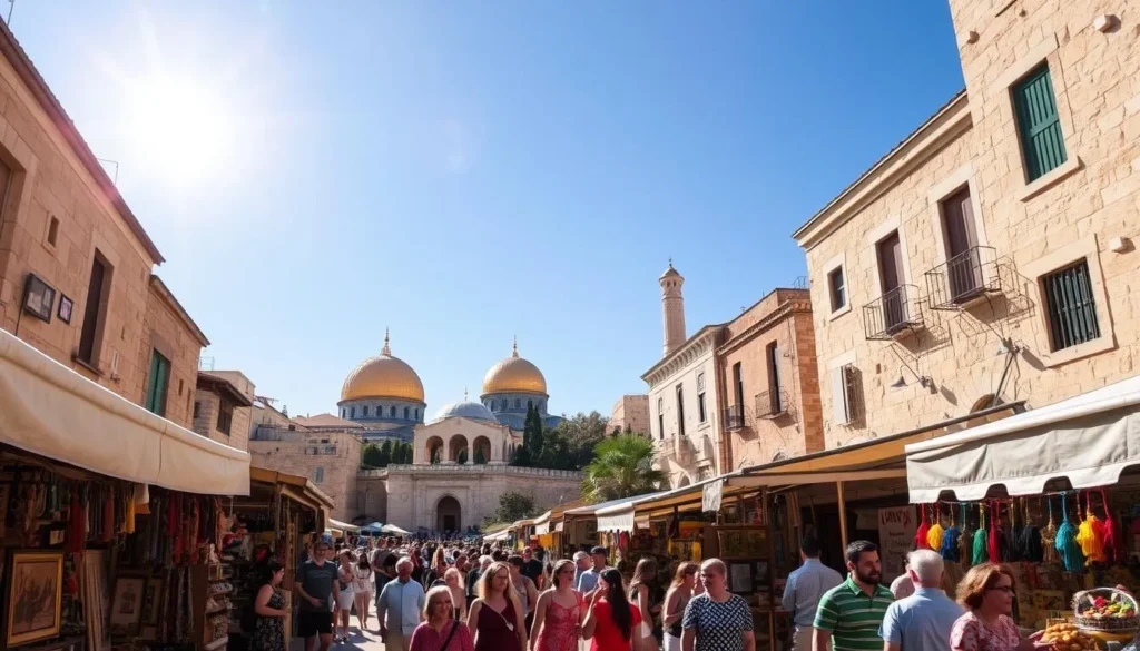 A vibrant, sun-drenched scene of a bustling Jerusalem festival guide. In the foreground, a colorful market stall overflows with local crafts, textiles, and aromatic spices. Lively crowds meander through the narrow alleyways, their chatter and laughter filling the air. In the middle ground, historic stone buildings in warm ochres and terracotta hues line the streets, their facades adorned with intricate architectural details. Beyond, the iconic silhouettes of the Dome of the Rock and the Church of the Holy Sepulchre stand tall against a brilliant azure sky, casting long shadows over the joyous festivities below. The atmosphere is one of vibrant celebration, cultural richness, and timeless charm.