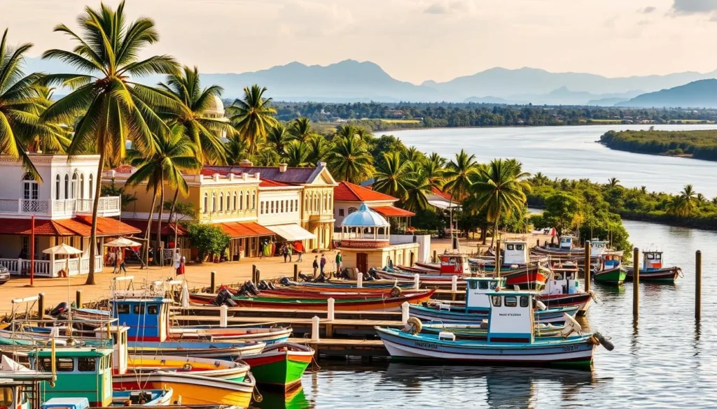 A vibrant, sun-drenched scene of the bustling riverside town of Nieuw Nickerie, Suriname. In the foreground, colorful fishing boats line the quaint docks, their hulls gleaming in the warm, golden light. The middle ground showcases the charming, colonial-style buildings along the waterfront, their pastel facades and lush palm trees creating a serene, tropical atmosphere. In the background, the mighty Nickerie River winds its way through the lush, verdant landscape, with distant mountains hazy on the horizon. The overall mood is one of tranquility and natural beauty, capturing the ideal time to visit this picturesque Surinamese town.