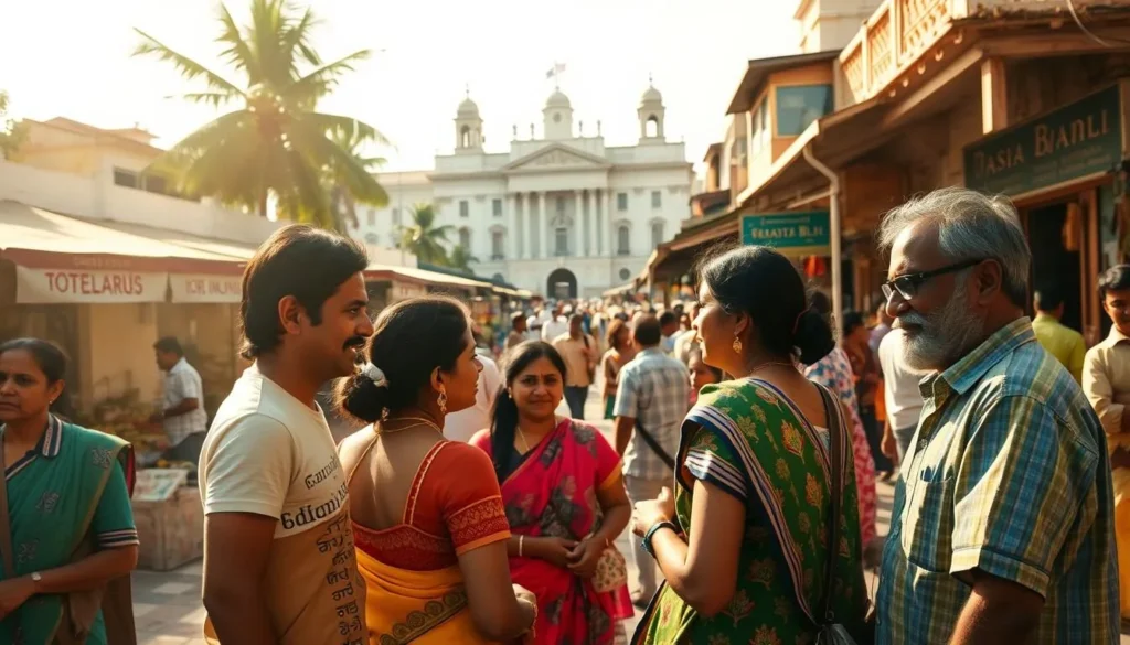 A vibrant, sun-drenched scene showcasing the linguistic diversity of Puducherry, India. In the foreground, a group of locals engaged in lively conversations, seamlessly transitioning between Tamil, French, and Telugu. The middle ground features a bustling market, with vendors and shoppers from all walks of life. In the background, the iconic French colonial architecture stands as a testament to the region's unique cultural heritage. Soft, warm lighting casts a dreamy glow, capturing the harmony and energy of this multilingual community.