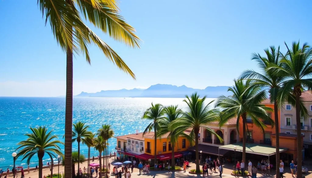 A vibrant, sunny day in the coastal city of Grande Vitoria, Brazil. Lush palm trees sway gently in the warm breeze, casting dappled shadows across the bustling promenade. In the foreground, people stroll leisurely, enjoying the pleasant weather and scenic ocean views. The middle ground features colorful buildings, their Mediterranean-inspired architecture reflecting the region's rich cultural heritage. In the background, the shimmering azure waters of the Atlantic Ocean stretch out, punctuated by the silhouettes of distant mountains. The entire scene is bathed in a soft, golden light, creating a welcoming, tranquil atmosphere that captures the best time to visit Grande Vitoria.