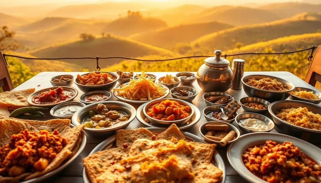 A vibrant table showcasing the diverse flavors of Satara's local cuisine. In the foreground, a colorful spread of traditional dishes, including spicy Misal Pav, fluffy Zunka Bhakar, and the fragrant Usal Bhaat. The middle ground features a variety of chutneys, pickles, and savory accompaniments, each with its unique blend of spices. In the background, a scenic view of Satara's lush, rolling hills, bathed in warm, golden sunlight, creating a cozy, inviting atmosphere. The composition is shot from a slightly elevated angle, giving a panoramic view of the table, showcasing the vibrant colors and textures of the dishes. The lighting is soft and natural, highlighting the intricate details of the food and the surrounding environment.