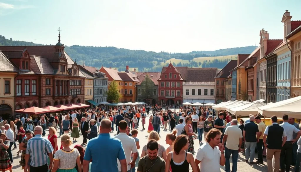 A vibrant town square in Sumperk, Czechia, bathed in warm afternoon sunlight. In the foreground, locals and tourists mingle, enjoying lively street performances, traditional folk dancers, and artisanal market stalls showcasing the region's rich cultural heritage. The middle ground features the historic buildings of the town center, their ornate facades and architectural details capturing the essence of Sumperk's storied past. In the background, rolling hills and lush greenery provide a picturesque backdrop, creating a sense of tranquility and connection to the natural world. The scene exudes a welcoming and celebratory atmosphere, inviting the viewer to immerse themselves in the vibrant cultural tapestry of this charming Czech town.