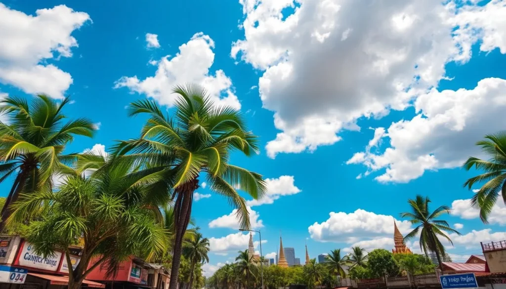 A vibrant tropical landscape, with lush palm trees swaying in the warm breeze. Fluffy cumulus clouds drift across a brilliant azure sky, casting fleeting shadows on the bustling streets below. The sunlight filters through the leaves, creating a dappled pattern on the weathered buildings. In the distance, the iconic spires of gilded temples and skyscrapers pierce the horizon, a testament to Bangkok's unique blend of modernity and tradition. The scene exudes a sense of tranquility and vitality, capturing the essence of Bangkok's captivating tropical climate. A vibrant tropical landscape, with lush palm trees swaying in the warm breeze. Fluffy cumulus clouds drift across a brilliant azure sky, casting fleeting shadows on the bustling streets below. The sunlight filters through the leaves, creating a dappled pattern on the weathered buildings. In the distance, the iconic spires of gilded temples and skyscrapers pierce the horizon, a testament to Bangkok's unique blend of modernity and tradition. The scene exudes a sense of tranquility and vitality, capturing the essence of Bangkok's captivating tropical climate.