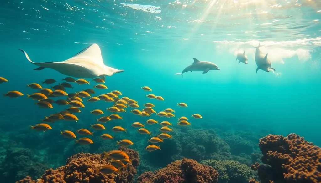 A vibrant underwater seascape, dappled with golden sunlight filtering through the clear azure waters. In the foreground, a school of colorful tropical fish dart and weave, their scales shimmering as they glide through the lush coral reef. In the middle ground, a majestic manta ray gracefully soars, its wingtips cutting through the current. Further in the distance, a pod of playful dolphins breaches the surface, their sleek bodies arcing through the air before crashing back into the depths. The scene is alive with the symphony of marine life, captured in a single, breathtaking moment.