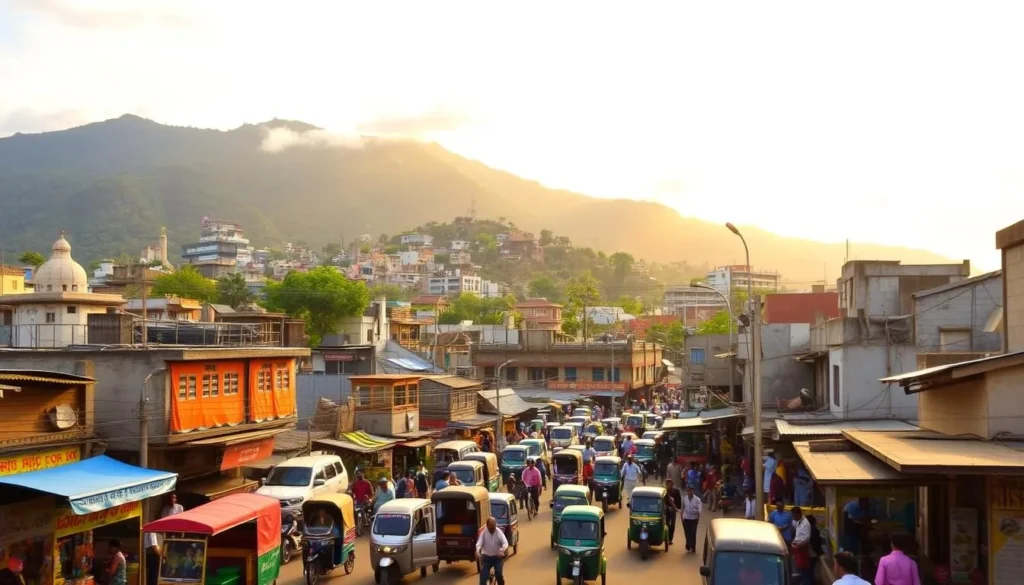 A vibrant urban landscape, Kamarhati unfolds before the viewer's eyes. In the foreground, bustling street scenes teem with life - colorful market stalls, rickshaws, and pedestrians navigating the lively thoroughfare. The middle ground reveals the distinct architectural style of the region, with a mix of traditional structures and modern buildings. Towering in the background, lush green hills provide a serene contrast to the dynamic city below, bathed in warm, golden sunlight that filters through wispy clouds. The overall mood is one of energetic vitality, inviting the viewer to immerse themselves in the unique character of this West Bengal locale.