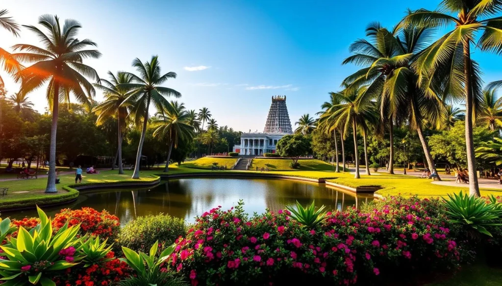 A vibrant urban oasis, Nehru Park in Thrissur shines under the warm afternoon sun. In the foreground, lush tropical foliage and colorful flowerbeds surround a serene lake, its surface reflecting the blue sky above. In the middle ground, winding paths invite visitors to stroll amidst towering palm trees and neatly manicured lawns. The background features the iconic Thrissur Pooram temple, its intricately carved spires rising majestically against the horizon. The scene exudes a sense of tranquility and leisure, with people relaxing on benches or picnicking under the dappled shade. Crisp, natural lighting and a wide-angle lens capture the park's expansive grandeur, inviting the viewer to immerse themselves in this verdant oasis within the bustling city.
