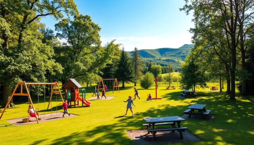 A vibrant, well-equipped Örebro County playground nestled amidst lush greenery. Sunlight filters through towering trees, casting a warm, natural glow over the scene. In the foreground, children joyfully play on colorful swings, slides, and climbing structures, their laughter echoing through the serene setting. The middle ground features a grassy expanse dotted with benches and picnic tables, inviting families to relax and enjoy the outdoor haven. In the background, verdant hills and a clear blue sky provide a picturesque backdrop, conveying a sense of peaceful tranquility. The overall atmosphere is one of carefree adventure and natural rejuvenation, capturing the essence of outdoor recreation in Örebro County.