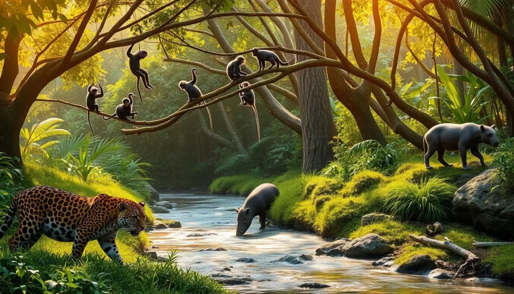 A vibrant wildlife scene in the lush, verdant Aparados da Serra National Park, Brazil. In the foreground, a majestic jaguar prowls through the undergrowth, its powerful muscles rippling beneath its spotted coat. In the middle ground, a troop of curious capuchin monkeys swing from the branches of towering trees, their agile movements a delight to observe. In the background, a tapir grazes peacefully, its long, tapered snout dipping into the crystal-clear stream that winds through the landscape. Warm, golden sunlight filters through the canopy, casting a gentle glow over the entire scene. The atmosphere is one of tranquility and harmony, inviting the viewer to immerse themselves in the wonders of this unique Brazilian national park.