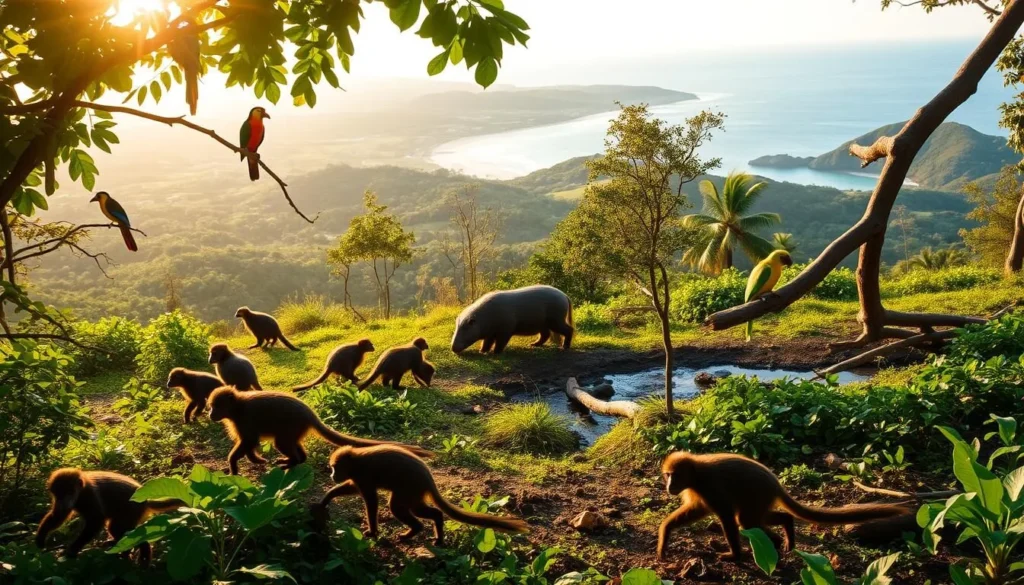 A vibrant wildlife scene on the lush Ilha do Cardoso. In the foreground, a troupe of capuchin monkeys scurry across the forest floor, their nimble movements captured in crisp detail. Colorful birds, like toucans and parrots, perch on the branches above, their plumage shimmering in the soft, golden sunlight filtering through the canopy. In the middle ground, a tapir emerges from the verdant undergrowth, its sturdy form reflected in a nearby stream. The background is a panoramic vista of rolling hills and pristine beaches, the azure waters of the Atlantic Ocean glistening on the horizon. An atmosphere of tranquility and natural wonder pervades the scene, inviting the viewer to immerse themselves in the vibrant ecosystem of Ilha do Cardoso.