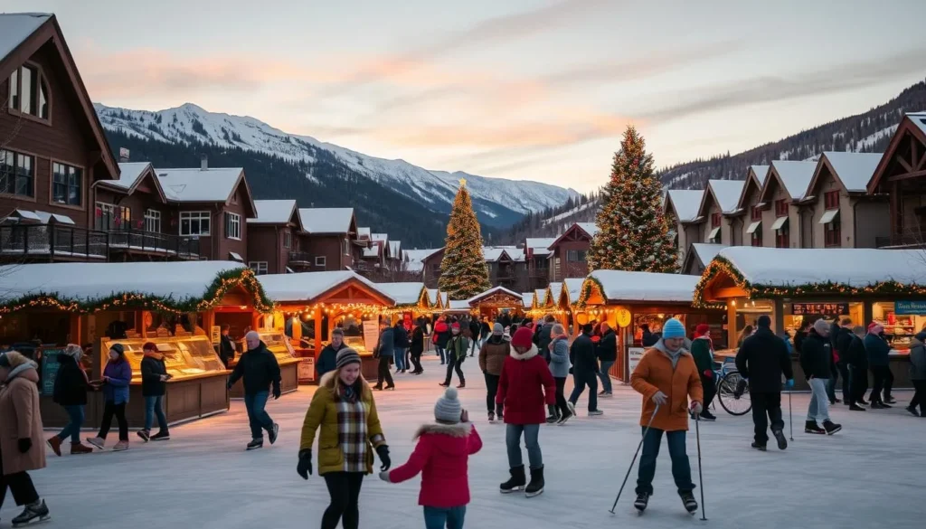 A vibrant winter scene in Fernie, British Columbia, showcasing the town's renowned seasonal events. In the foreground, locals and visitors engage in lively outdoor activities like ice skating, skiing, and snowshoeing against the backdrop of the majestic Rocky Mountains. The middle ground features festive market stalls and vendors selling handcrafted goods, warm beverages, and traditional fare. In the background, a snow-covered town square is adorned with twinkling lights and a towering Christmas tree, creating a cozy and celebratory atmosphere. The lighting is natural, with a soft, golden glow from the setting sun, and the composition captures the spirit of Fernie's vibrant winter festivities.