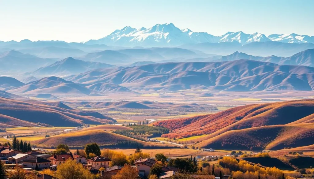 A vivid landscape showcasing Chile's diverse temperature variations. In the foreground, a sun-drenched coastal town with people enjoying the warm, golden rays. In the middle ground, rolling hills and lush valleys, their hues shifting from verdant greens to autumnal oranges and reds. Further back, snow-capped Andean peaks pierce the clear, azure sky, their icy summits a stark contrast to the temperate scenes below. Crisp, cinematic lighting illuminates the scene, capturing the dynamic interplay of Chile's varied climates. The overall impression is one of natural beauty and environmental wonder, inviting the viewer to experience the country's weather-savvy delights.