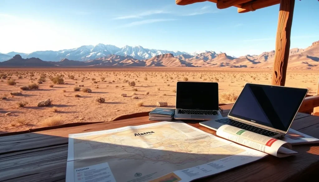 A warm desert landscape with the majestic snow-capped Andes mountains in the background. In the foreground, a traveler's itinerary planning session, with a map of the Atacama region, guidebooks, and a laptop open on a rustic wooden table. Soft natural lighting filters in through a large window, casting a serene glow over the scene. The mood is one of tranquil exploration, as the traveler meticulously plans their adventure through the vast and captivating Atacama Desert.