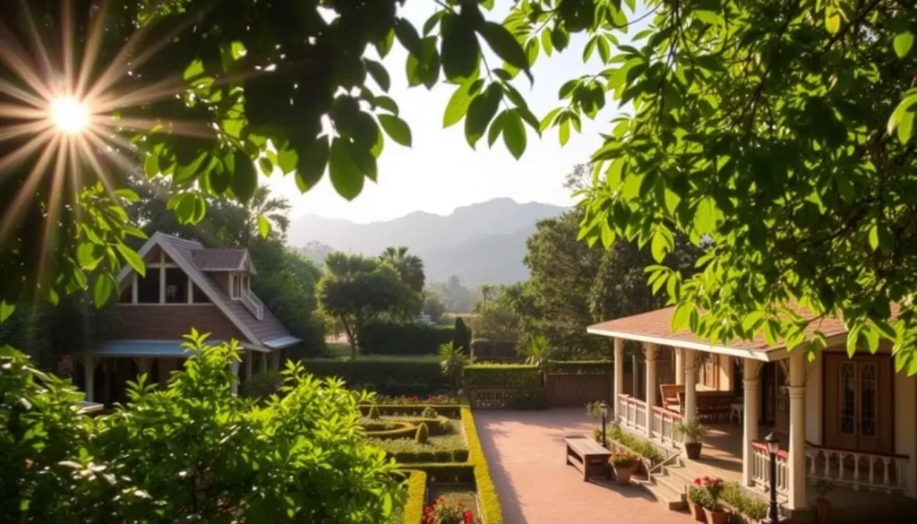 A warm, inviting scene of Jabalpur's accommodations nestled amidst lush greenery. Sunlight filters through verdant foliage, casting a soft, natural glow. In the foreground, a quaint hotel or guest house stands, its charming architecture and welcoming porch beckoning travelers. The middle ground reveals well-maintained gardens with colorful flowers, creating a serene ambiance. In the background, majestic hills or mountains rise, providing a picturesque backdrop. The overall atmosphere conveys a sense of tranquility and comfort, perfectly capturing the essence of Jabalpur as a desirable travel destination.