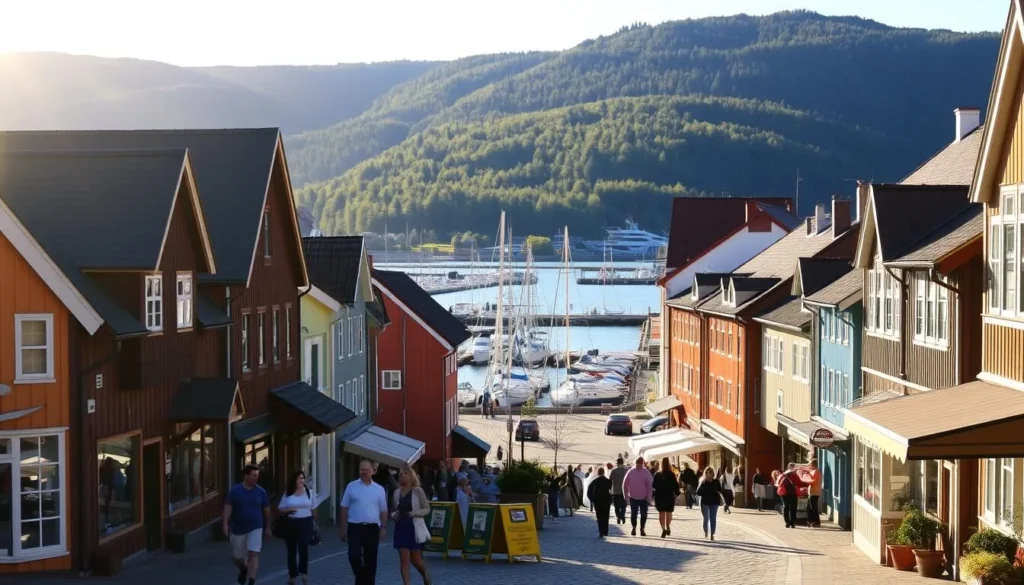 A warm summer day in the charming seaside town of Rauma, Finland. The sun casts a soft, golden glow over the historic wooden buildings, their vibrant colors accentuated by the crisp, clean air. In the foreground, people stroll along the picturesque cobblestone streets, pausing to admire the intricate architectural details and browse the local shops. In the middle ground, a bustling harbor filled with boats and yachts reflects the shimmering water of the Baltic Sea. In the background, rolling green hills and lush forests provide a serene backdrop to the scene. The overall atmosphere is one of relaxation, tranquility, and the quintessential Finnish summer experience.