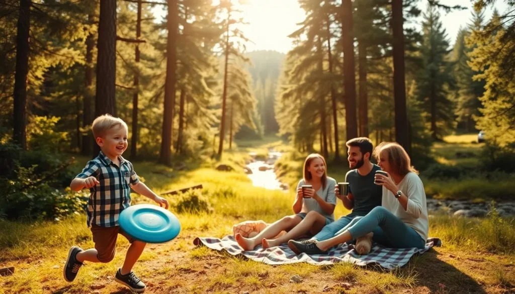 A warm, sun-dappled clearing in the lush Norra Kvill forest, where a family of four enjoys an idyllic outdoor adventure. In the foreground, a young boy and girl play with a frisbee, their laughter echoing through the trees. In the middle ground, the parents relax on a picnic blanket, sipping from mugs and taking in the tranquil scene. The background reveals the verdant landscape, with towering pines and a trickling stream adding to the serene atmosphere. Soft, natural lighting filters through the canopy, creating a magical, immersive ambiance. The overall mood is one of joyful connection, showcasing the family-friendly activities and natural wonders of Norra Kvill National Park.
