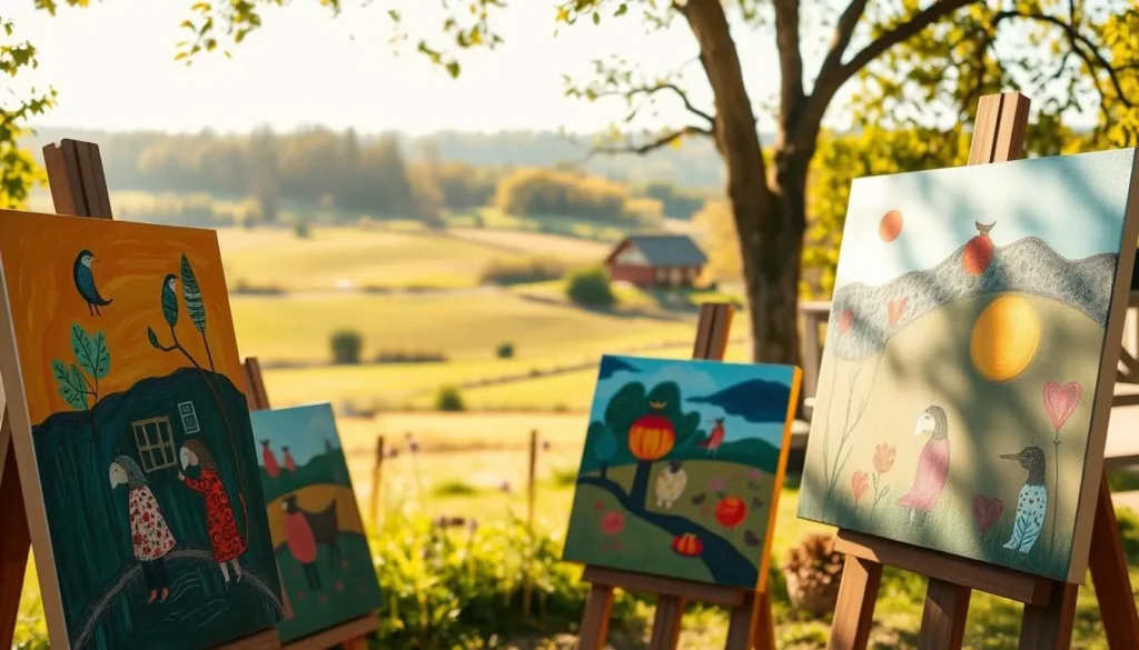 A warm, sun-dappled outdoor scene showcasing the vibrant, expressive paintings of Swedish artist Bror Hjorth. The foreground features several of Hjorth's signature works, with bold, colorful brushstrokes and whimsical, nature-inspired motifs. The middle ground depicts a tranquil landscape, perhaps a pastoral Swedish countryside, with rolling hills, lush greenery, and a glimpse of a traditional wooden structure. The background is bathed in soft, golden light, creating a serene, contemplative atmosphere. The composition evokes a sense of harmony between Hjorth's art and the natural world that inspired it. Capture the essence of Bror Hjorth's unique artistic vision and its place within the cultural heritage of Uppsala County, Sweden.