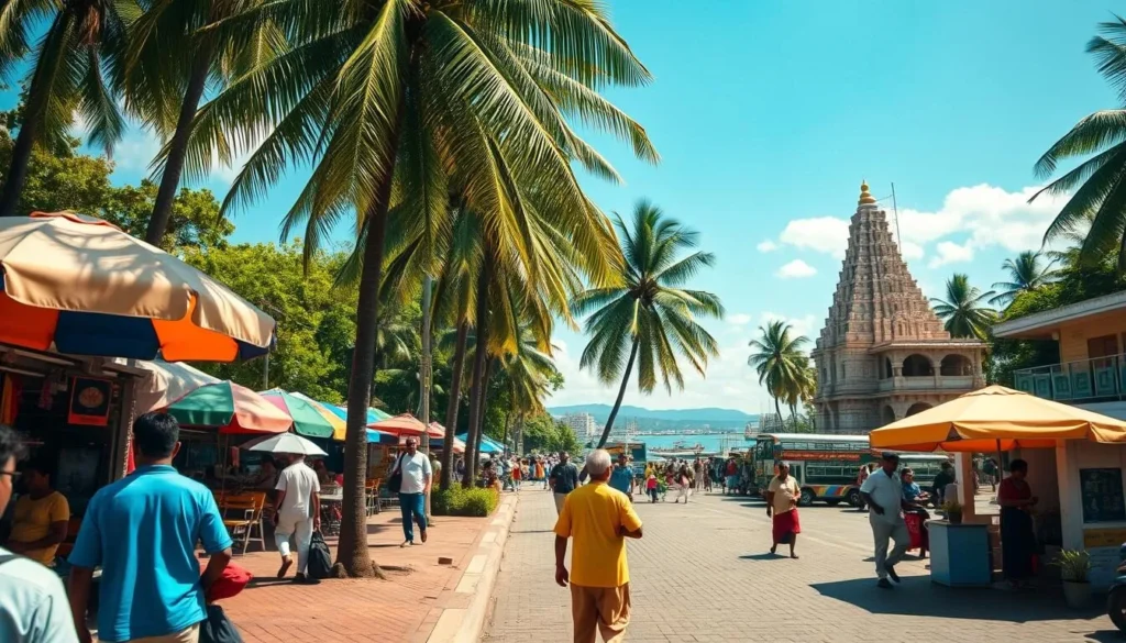 A warm, sun-drenched day in Kozhikode, Kerala. Capture the vibrant energy of the city's bustling streets, where colorful umbrellas shade market stalls and the aroma of spices fills the air. Depict the lush, verdant landscape with swaying palm trees and a clear, azure sky. Showcase the iconic Beypore Port, its dhows and fishing boats bobbing gently on the calm waters of the Arabian Sea. Showcase the city's architectural gems, like the historic Tali Temple, bathed in the golden glow of the summer sun. Convey a sense of relaxation and leisure, with locals and tourists alike enjoying the pleasant weather and indulging in the local cuisine. Use a wide, cinematic angle to encompass the full scope of the scene, with a focus on the natural beauty and vibrant culture that make Kozhikode a must-visit destination.