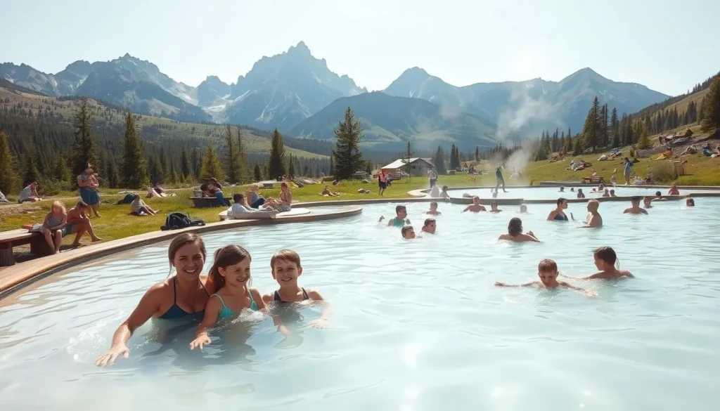 A warm, sunny day at the Miette Hot Springs in the Canadian Rockies. In the foreground, a family of four enjoys the therapeutic mineral-rich waters, relaxing and playing together. The middle ground features families and couples socializing, children splashing in the pools, and people lounging on the surrounding grassy banks. In the background, rugged mountain peaks rise, creating a picturesque natural setting. The scene is bathed in soft, diffused lighting, with a gentle, serene atmosphere permeating the landscape. A warm, sunny day at the Miette Hot Springs in the Canadian Rockies. In the foreground, a family of four enjoys the therapeutic mineral-rich waters, relaxing and playing together. The middle ground features families and couples socializing, children splashing in the pools, and people lounging on the surrounding grassy banks. In the background, rugged mountain peaks rise, creating a picturesque natural setting. The scene is bathed in soft, diffused lighting, with a gentle, serene atmosphere permeating the landscape.