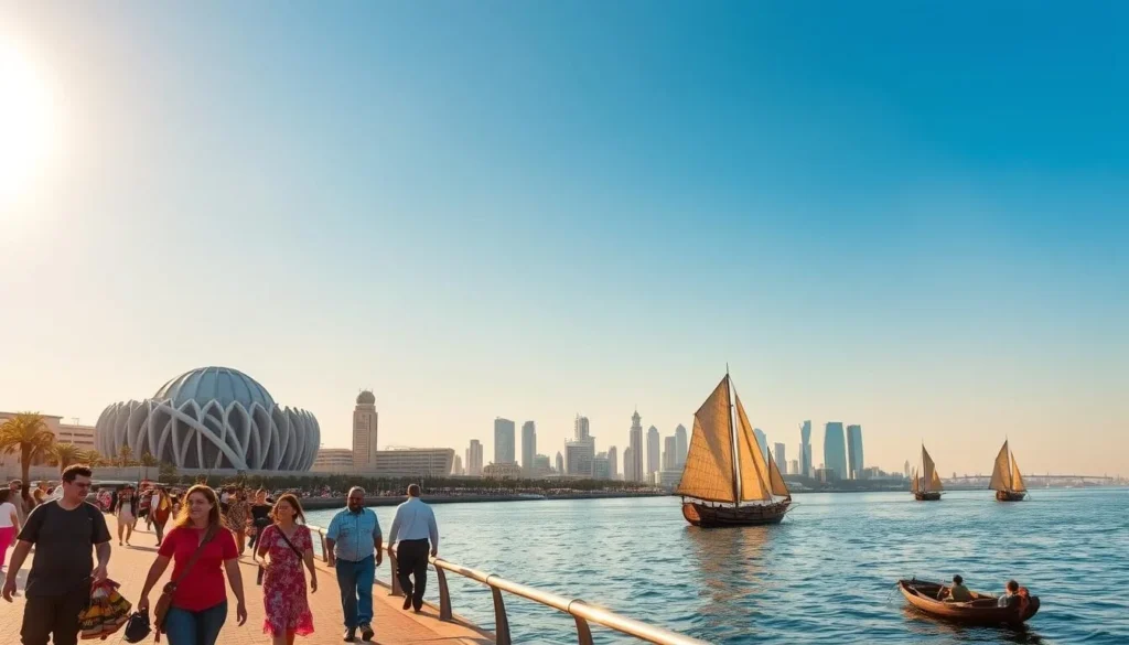 A warm, vibrant scene of Doha, Qatar during the shoulder season. The sun casts a golden glow over the city skyline, with the iconic dhow boats floating serenely on the glistening waters of the Persian Gulf. In the foreground, families and friends stroll along the corniche, taking in the pleasant breeze and moderate temperatures. The middle ground features the elegant architecture of the Museum of Islamic Art, its modern lines contrasting with the traditional buildings in the background. The atmosphere is one of relaxation and exploration, the perfect time for a budget-friendly visit to experience Qatari culture and hospitality.