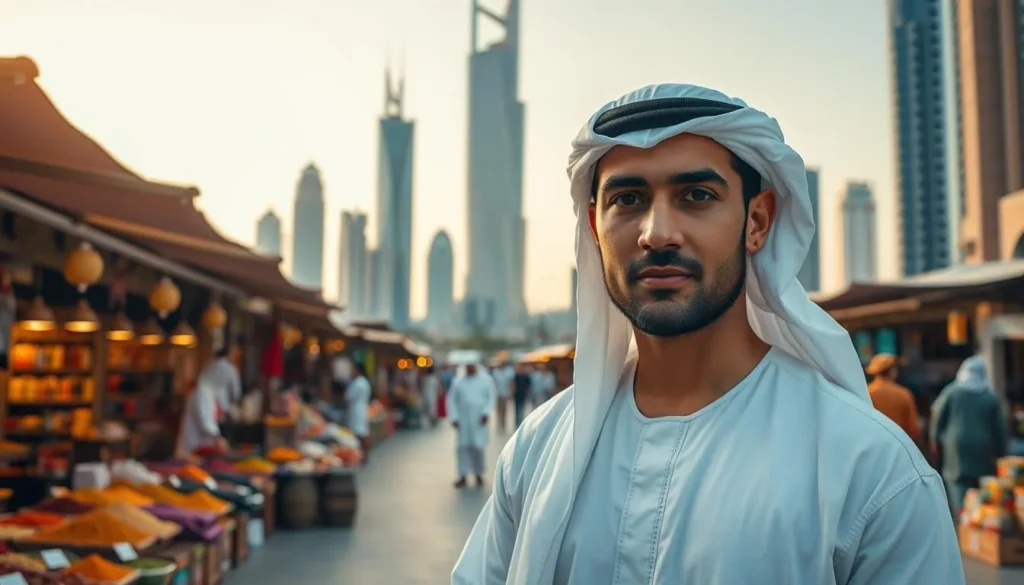 A well-dressed Emirati man stands in the foreground, donning the traditional white robe and headdress known as the dishdasha and ghutra. The middle ground features a vibrant marketplace, with merchants selling colorful spices, fabrics, and local handicrafts. In the background, the towering skyscrapers of Abu Dhabi's modern skyline rise, creating a striking contrast between the ancient and the contemporary. Warm, golden light filters through the scene, evoking the tranquil, sun-drenched atmosphere of the Arabian Gulf region. The overall composition strikes a balance between the cultural elements and the cosmopolitan setting, capturing the essence of Abu Dhabi's rich heritage and progressive development.