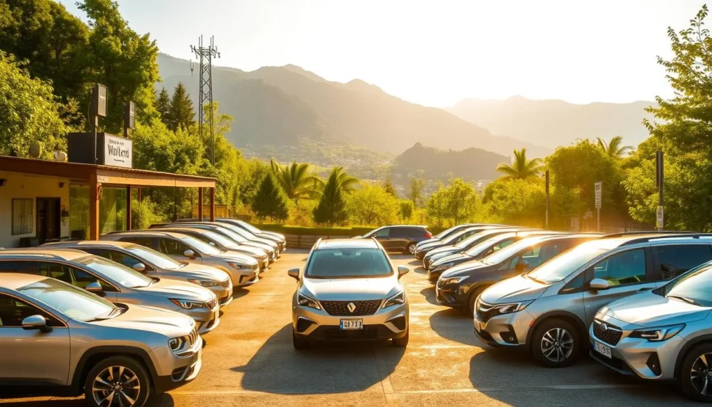 A well-equipped car rental facility nestled amidst lush green surroundings, with a variety of vehicles including sedans, SUVs, and minivans. The scene is bathed in warm, golden sunlight, casting a soft glow on the pristine cars parked in an orderly fashion. The entrance is marked by a welcoming sign, inviting travelers to embark on their journey. In the background, a scenic mountain landscape provides a picturesque backdrop, setting the stage for an unforgettable road trip experience.