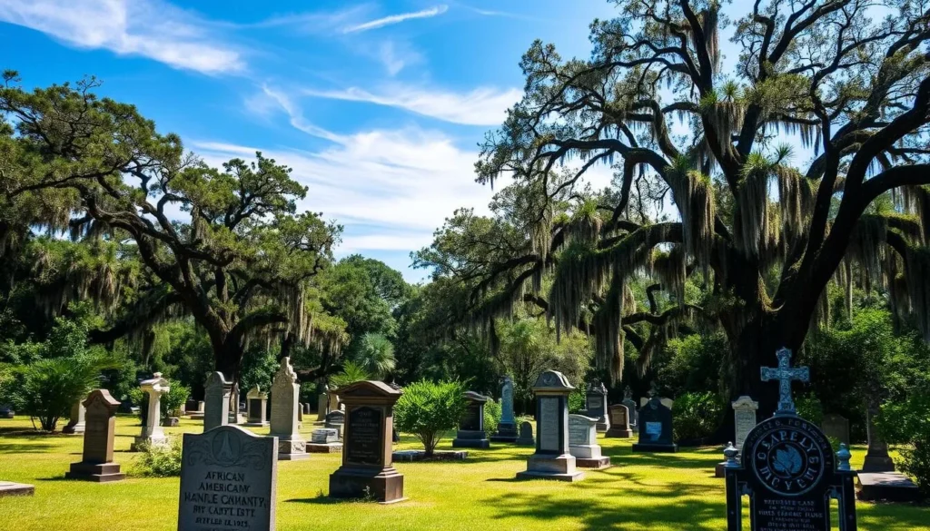 A well-maintained African American cemetery nestled in the lush greenery of Sapelo Island, Georgia. The foreground features intricately carved headstones and monuments, their surfaces weathered by time. Mid-ground showcases a variety of native flora, including towering oak trees draped in Spanish moss, casting dappled sunlight across the serene landscape. In the background, a clear blue sky with wispy clouds creates a calming, contemplative atmosphere. The scene conveys a sense of reverence and historical significance, inviting viewers to reflect on the island's rich cultural heritage. A well-maintained African American cemetery nestled in the lush greenery of Sapelo Island, Georgia. The foreground features intricately carved headstones and monuments, their surfaces weathered by time. Mid-ground showcases a variety of native flora, including towering oak trees draped in Spanish moss, casting dappled sunlight across the serene landscape. In the background, a clear blue sky with wispy clouds creates a calming, contemplative atmosphere. The scene conveys a sense of reverence and historical significance, inviting viewers to reflect on the island's rich cultural heritage.