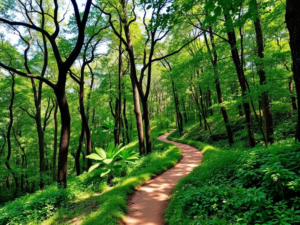 A well-maintained hiking trail winding through the dense forest of Bhawal National Park