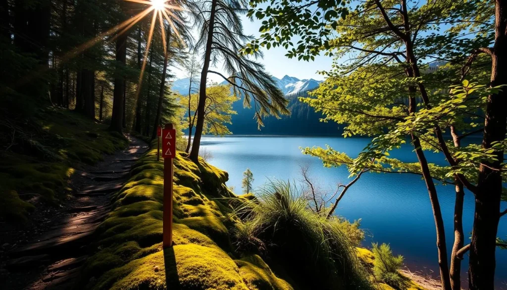 A well-marked hiking trail winds through a lush, verdant forest. Sunlight filters through the canopy, casting a warm, golden glow on the mossy ground. Wooden trail markers, painted in bright red and white, stand out against the earthy tones, guiding adventurers along the path. The trail meanders alongside a serene, ebony-hued lake, its still waters reflecting the surrounding foliage. A gentle breeze rustles the leaves, creating a calming, peaceful atmosphere. In the distance, rugged, snow-capped peaks rise, framing the scenic landscape. This idyllic scene captures the essence of a day spent exploring the natural wonders of Black Lake, Czechia.