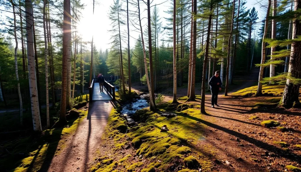 A well-marked hiking trail winds through the serene birch and pine forests of Tyresta National Park, Sweden. The sun's warm rays filter through the lush canopy, casting a gentle glow on the mossy ground below. In the distance, a small wooden footbridge crosses a babbling brook, inviting visitors to explore the park's tranquil landscapes. Hikers traverse the trail, their steps crunching on the packed earth, taking in the sights and sounds of this pristine natural wonder. The trail leads onward, promising more breathtaking vistas and opportunities to immerse oneself in the park's unspoiled wilderness. A well-marked hiking trail winds through the serene birch and pine forests of Tyresta National Park, Sweden. The sun's warm rays filter through the lush canopy, casting a gentle glow on the mossy ground below. In the distance, a small wooden footbridge crosses a babbling brook, inviting visitors to explore the park's tranquil landscapes. Hikers traverse the trail, their steps crunching on the packed earth, taking in the sights and sounds of this pristine natural wonder. The trail leads onward, promising more breathtaking vistas and opportunities to immerse oneself in the park's unspoiled wilderness.