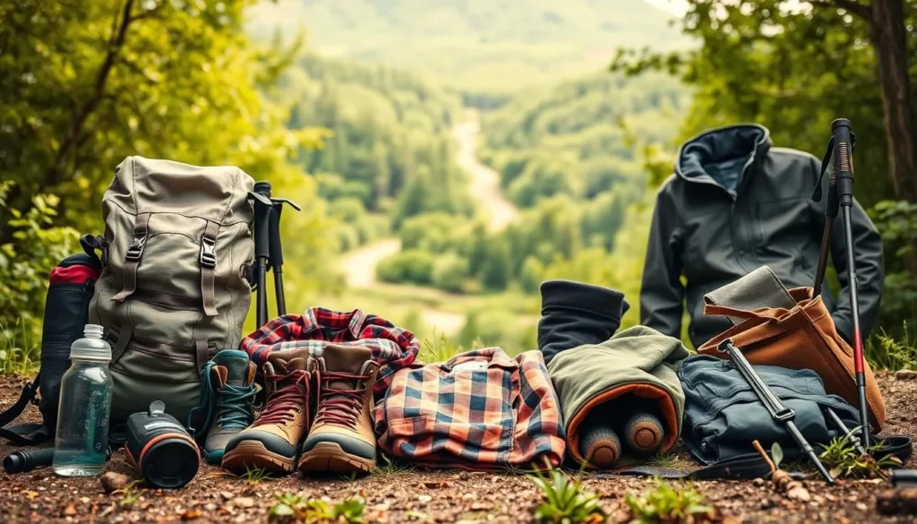 A well-organized and fully-equipped hiking gear spread against a serene natural backdrop. In the foreground, a sturdy backpack, hiking boots, trekking poles, and a water bottle are neatly arranged. The middle ground features a cozy flannel shirt, durable outdoor pants, and a warm fleece jacket. In the background, lush green foliage and a glimpse of a winding trail set the scene for an adventurous journey through the Glaskogen Nature Reserve. The warm, natural lighting and soft focus create an inviting, adventurous atmosphere, capturing the essence of the upcoming Glaskogen adventure.