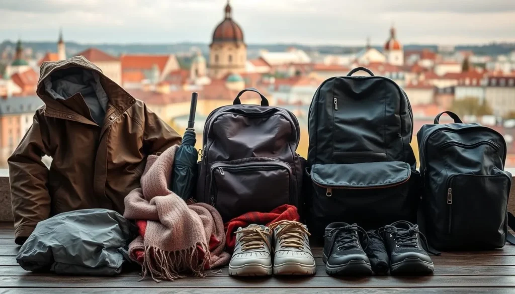 A well-organized collection of essential items for a weather-savvy trip to Kaunas, Lithuania. In the foreground, a neatly arranged assortment of practical necessities: a lightweight rain jacket, a warm scarf, a sturdy umbrella, and a pair of comfortable walking shoes. In the middle ground, a travel-friendly backpack and a compact, versatile daypack. In the background, a subtly hinted cityscape of Kaunas, its historic architecture bathed in warm, natural lighting, conveying a sense of welcoming adventure. The overall scene radiates a balanced, practical, and adventurous mood, perfectly suited for exploring Kaunas' changing seasons.