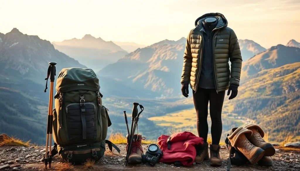A well-organized outdoor scene depicting essential hiking gear for Trollheimen, Norway. In the foreground, a sturdy backpack, hiking boots, and trekking poles stand ready. The middle ground showcases a cozy down jacket, moisture-wicking base layers, and a reliable compass. In the background, a panoramic view of the Trollheimen mountains, with rugged peaks and lush, verdant valleys bathed in warm, golden light. The overall atmosphere evokes a sense of adventure, preparedness, and appreciation for the stunning natural beauty of this Norwegian hiking destination.
