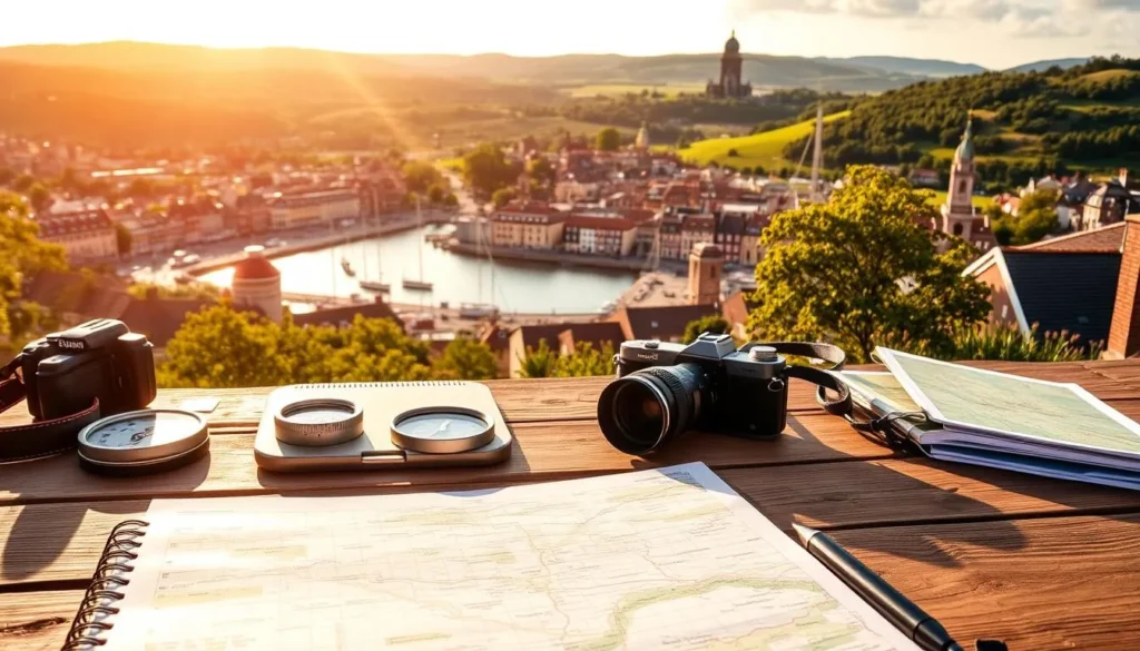 A well-planned itinerary for exploring the picturesque city of Helsingborg, Sweden on a sunny day. In the foreground, a traveler's notebook and a map of the city sit on a wooden table, surrounded by a compass, a camera, and other travel essentials. The middle ground features a panoramic view of the city's historic harbor, with colorful buildings, sailboats, and the iconic Kärnan tower in the distance. The background showcases the rolling hills and lush greenery that characterize the city's natural landscape, bathed in warm, golden sunlight. The overall scene conveys a sense of adventure, organization, and the promise of a memorable journey through Helsingborg's charming streets and iconic landmarks.