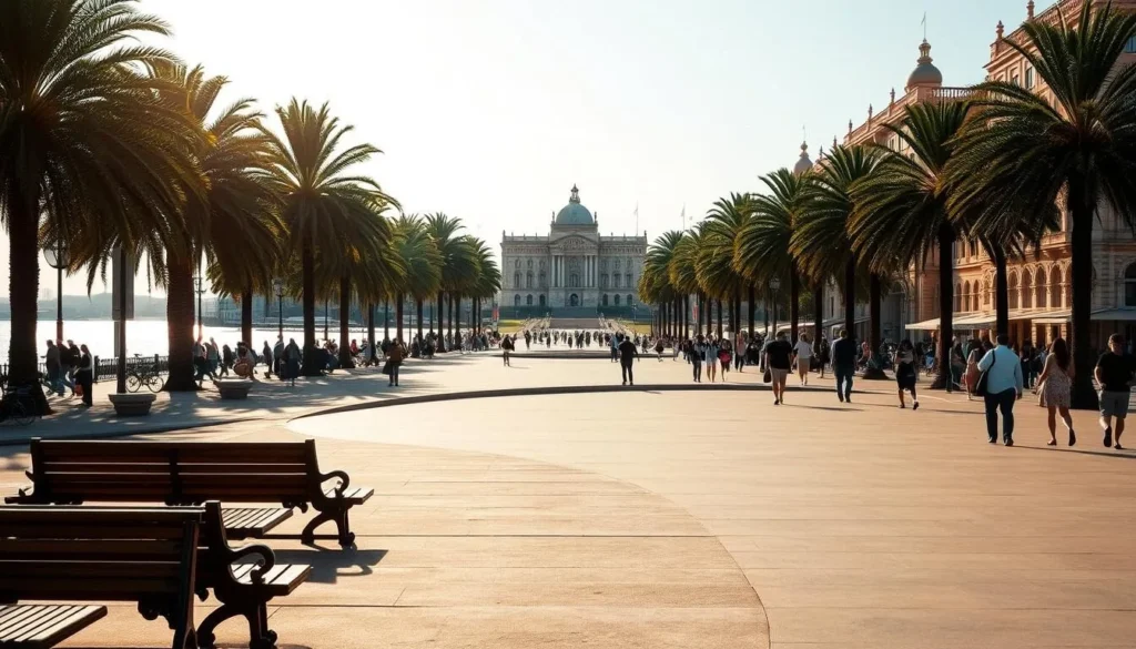 A wide, uninterrupted promenade along the scenic Montevideo coastline, framed by lush palm trees and historic colonial architecture. The sun casts a warm, golden glow over the bustling scene, where locals and tourists alike stroll leisurely, taking in the breathtaking views of the Rio de la Plata. In the foreground, a series of traditional wooden benches provide ample seating for people-watching, while the middle ground features a curving, concrete sidewalk that extends as far as the eye can see. In the distance, the iconic Palacio Salvo rises majestically, its ornate design a testament to the city's rich architectural heritage.