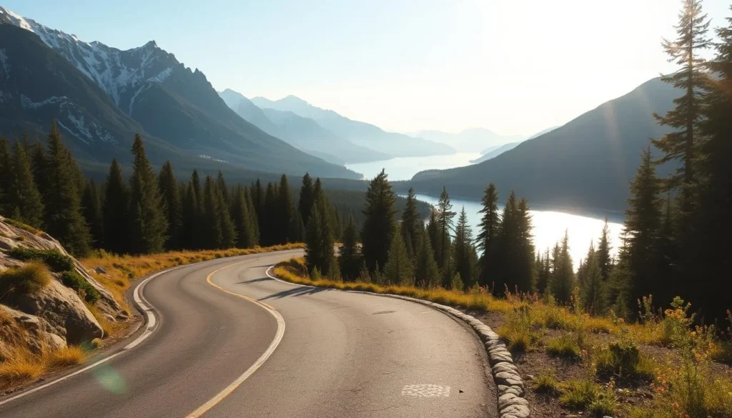 A winding, asphalt road snakes through a picturesque landscape, framed by towering, snow-capped mountains and lush, evergreen forests. Sunlight filters through the canopy, casting a warm, golden glow on the scene. In the distance, the serene waters of Lake Bygdin shimmer, inviting visitors to explore its tranquil shores. The road is well-maintained, with gentle curves and slopes, making for a scenic and leisurely drive. Wildflowers dot the roadside, adding pops of color to the already breathtaking vista. This idyllic route offers a glimpse of the natural beauty that awaits at the destination of Lake Bygdin.